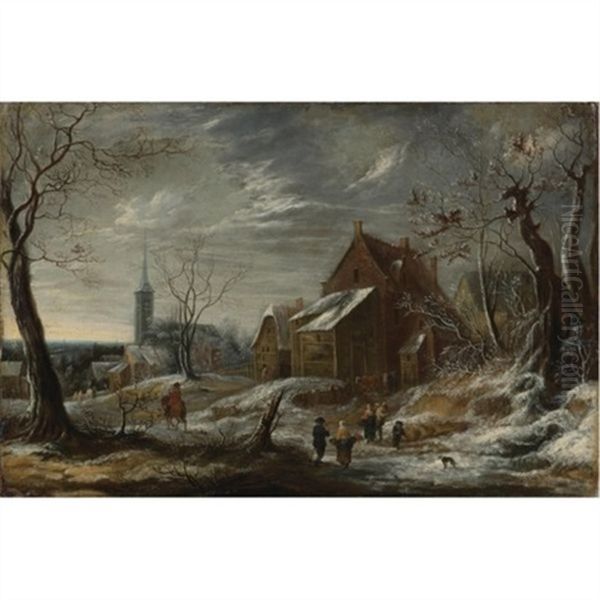 Winter Landscape With Figures And A Town In The Distance Oil Painting by Jan Abrahamsz. Beerstraten