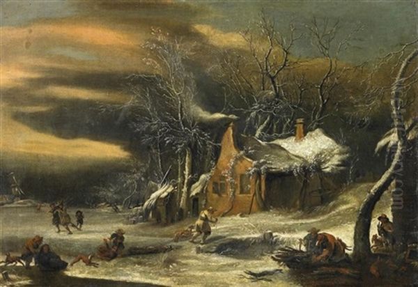 Winterlandschaft Mit Bauernkate Und Reicher Personenstaffage Oil Painting by Jan Abrahamsz. Beerstraten