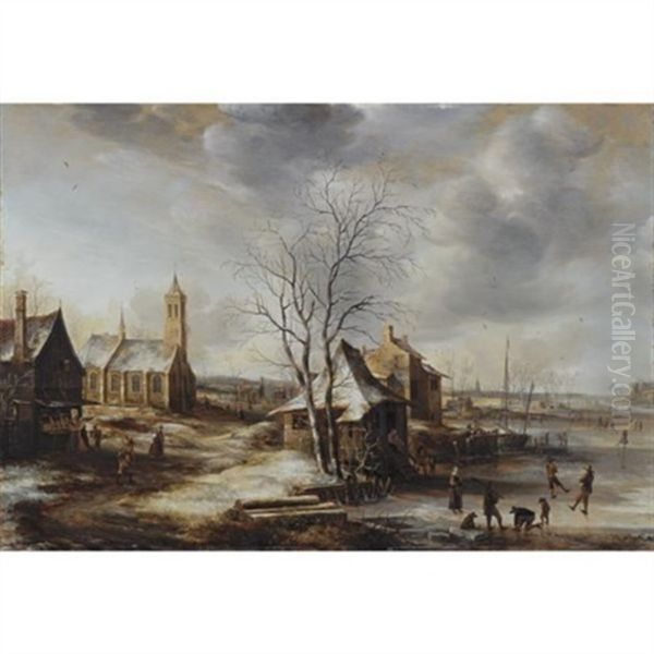 A Winter Landscape (amerongen?) With Skaters On A Frozen River And Figures Entering A Church To The Left, The Tower Of Rhenen Church In The Distance Oil Painting by Jan Abrahamsz. Beerstraten