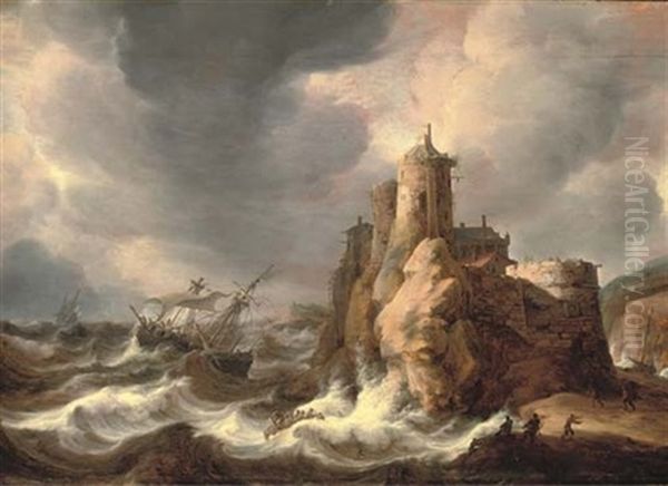 A Dramatic Wreck Below The Fortified Tower Oil Painting by Jan Abrahamsz. Beerstraten