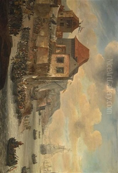 A Coastal Scene Said To Be The Landing At Sheerness On The Thames Of Michiel Adriaensz Oil Painting by Jan Abrahamsz. Beerstraten