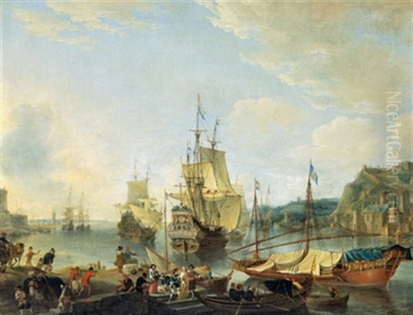 Ein Sudlicher Hafen Mit Zwei Hollandischen Kriegsschiffen, Booten Und Vielen Figuren by Jan Abrahamsz. Beerstraten