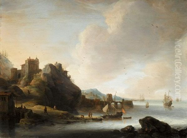 A Coastal Landscape With Figures Before A Fort, Shipping Off The Coast Oil Painting by Jan Abrahamsz. Beerstraten