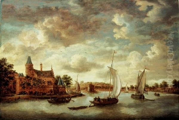 A River Landscape With Barges Passing A Chateau Oil Painting by Jan Abrahamsz. Beerstraten