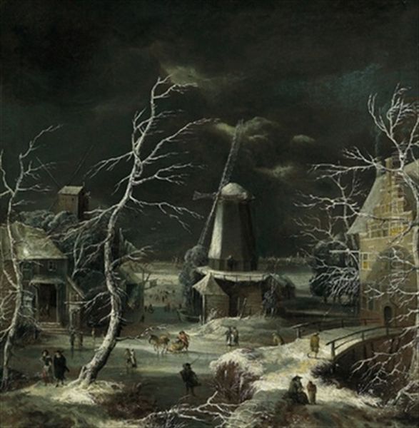 Blick Auf Ein Dorf Im Winter Mit Einer Windmuhle, Einem Pferdeschlitten Und Eislaufern Oil Painting by Jan Abrahamsz. Beerstraten