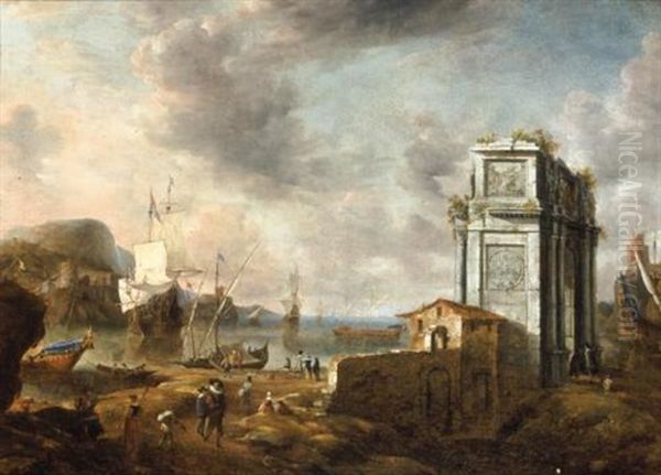 A Capriccio Of A Mediterranean Harbour With Elegant Figures And A Roman Triumphal Arch, A Dutch Man-of-war Beyond Oil Painting by Jan Abrahamsz. Beerstraten