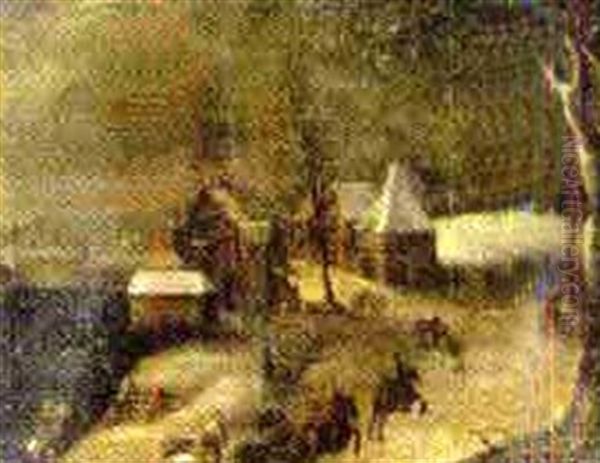 A Village In Winter With Townfolk And Riders In The Foreground Oil Painting by Jan Abrahamsz. Beerstraten