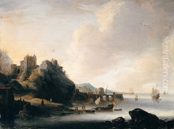 A Coastal Landscape With Figures Before A Fort, Shipping Off The Coast Oil Painting by Jan Abrahamsz. Beerstraten