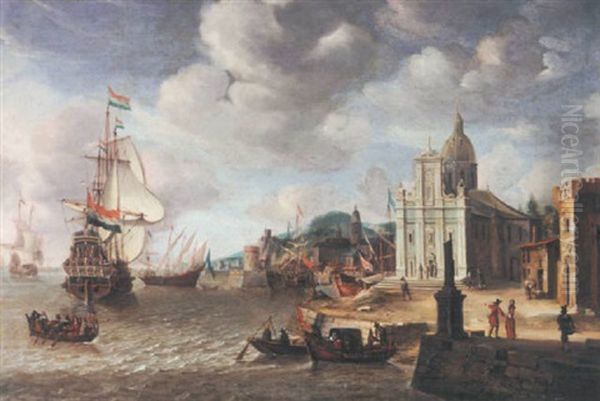 A Mediterranean Harbour Scene With A Dutch Man-o-war by Jan Abrahamsz. Beerstraten