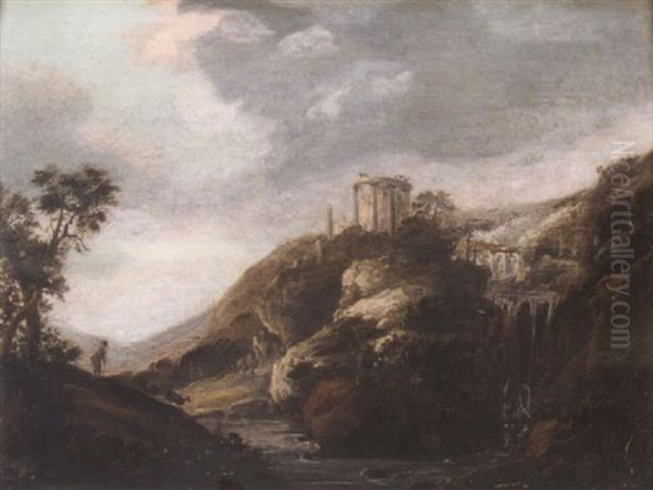 Landscape With Classical Ruins By A Waterfall And A Figure Along The River Oil Painting by Jan Abrahamsz. Beerstraten