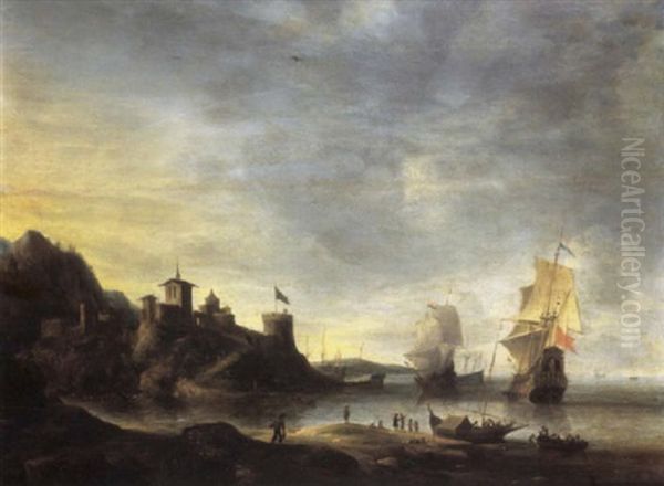 A Mediterranean Coastal Fortification With Two Dutch Men O' War Offshore, Fishermen Loading A Boat In The Foreground Oil Painting by Jan Abrahamsz. Beerstraten