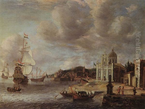 An Italianate Harbour Scene With Dutch Men-o'-war Moored, Yachts And Rowing Boats Near The Quay Oil Painting by Jan Abrahamsz. Beerstraten