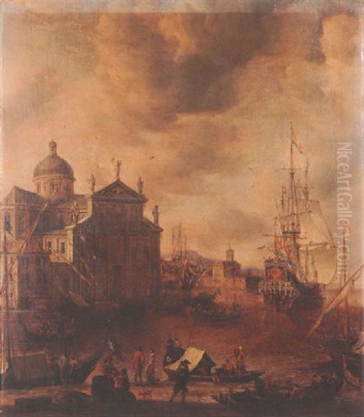 A Capriccio Of A Southern Seaport With Figures On A Quayside, Small Craft Before A Church And A Group Being Rowed Out To A Dutch Ship Oil Painting by Jan Abrahamsz. Beerstraten