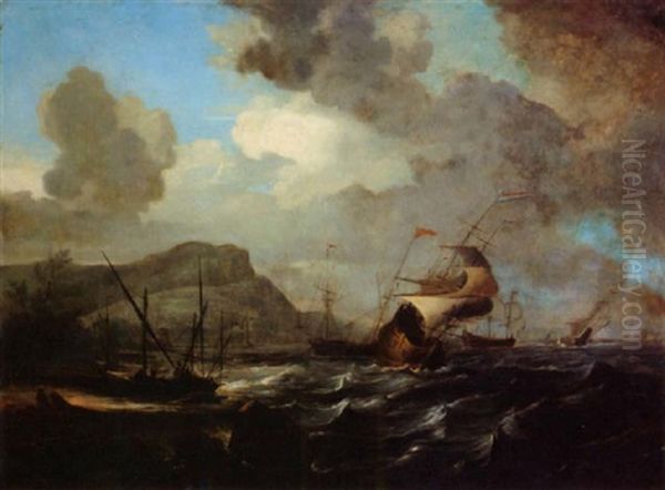 A View Of A Bay With Dutch East Indiamen And Other Sailing Vessels On A Stormy Sea, Fishing Boats Moored On The Beach Oil Painting by Jan Abrahamsz. Beerstraten