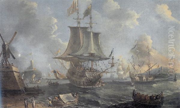 Navires Et Pecheurs A L'entree D'un Port Oil Painting by Jan Abrahamsz. Beerstraten