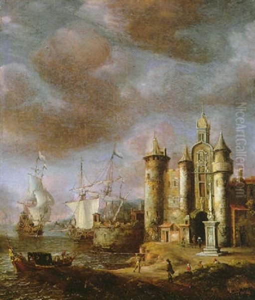 A Capriccio Of A Walled Town In A Mediterranean Harbour With A Fortified Gatehouse On The Quayside And Dutch Men O'war In The Bay by Jan Abrahamsz. Beerstraten