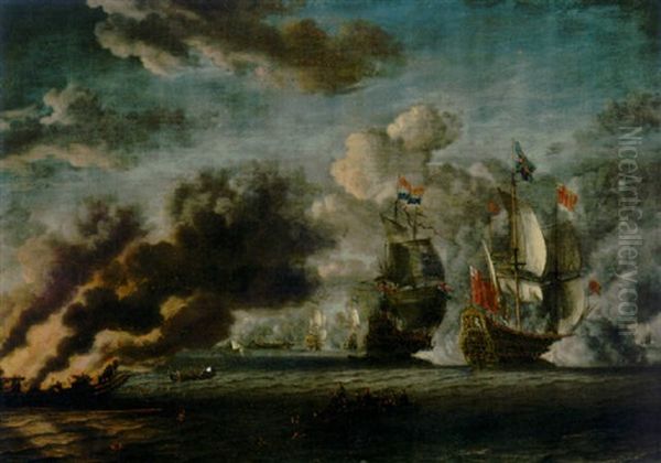 A Naval Engagement Between The Dutch And English Fleets Oil Painting by Jan Abrahamsz. Beerstraten