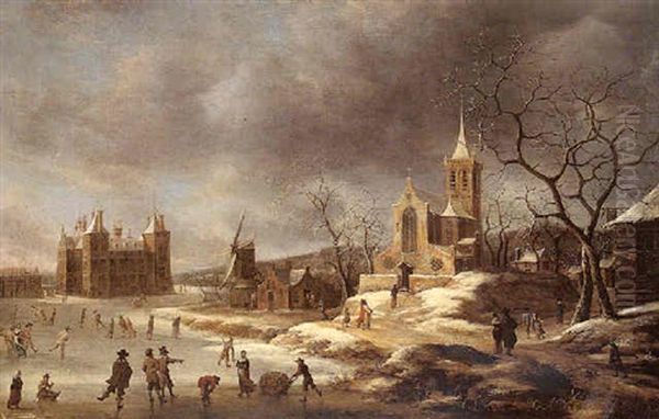 A Capriccio Winter View Of The Castle At Buren Oil Painting by Jan Abrahamsz. Beerstraten