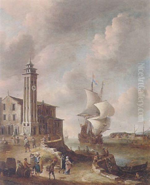 An Italianate Harbour Scene With Figures On The Shore by Jan Abrahamsz. Beerstraten