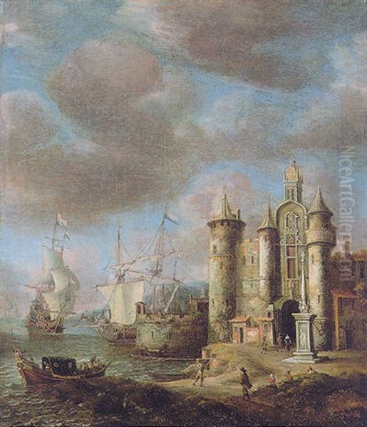 A Capriccio Of A Walled Town In A Mediterranean Harbour With A Fortified Gatehouse On The Quayside Oil Painting by Jan Abrahamsz. Beerstraten