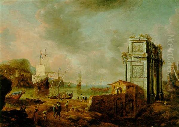 A Capriccio Of A Mediterranean Harbour With Elegant Figures Near A Triumphal Arch Oil Painting by Jan Abrahamsz. Beerstraten