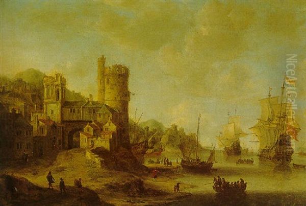 A Capriccio Of A Coastal Scene With Dutch Men-o'-war Lying Offshore Oil Painting by Jan Abrahamsz. Beerstraten