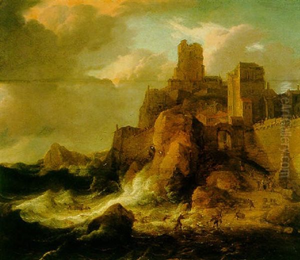 A Rocky Coastal Landscape With A Fortified Town And Figures Scrambling To Shore Oil Painting by Jan Abrahamsz. Beerstraten