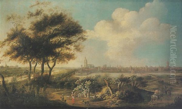 Promeneurs Et Cavalier Aux Abords De La Ville De Nimegue Oil Painting by Jan Abrahamsz. Beerstraten