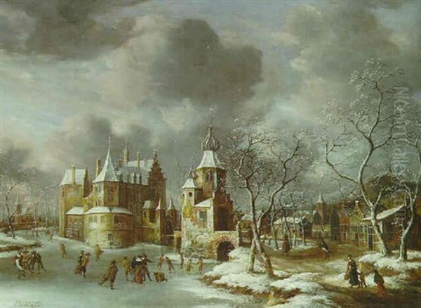 A View Of (poelgeest Castle?) In Winter With Figures Skating On A Frozen River Oil Painting by Jan Abrahamsz. Beerstraten