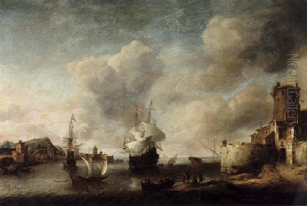 A Harbour With Dutch Men-of-war Anchored Offshore, Figures Embarking On A Small Boat In The Foreground, A Fortified Castle On The Right Oil Painting by Jan Abrahamsz. Beerstraten