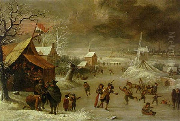 A Winter Landscape With Skaters On A Frozen Waterway By A Sutler's Tent, A City Beyond Oil Painting by Jan Abrahamsz. Beerstraten