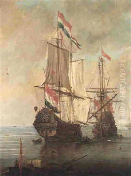 Dutch And English Men O'war With A Three-masted Vessel Firing A Salute Beyond Oil Painting by Jan Abrahamsz. Beerstraten