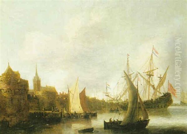 Vue De L'embarcadere D'une Ville Fluviale Hollandaise Oil Painting by Jan Abrahamsz. Beerstraten