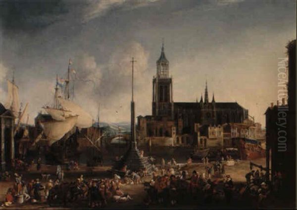 Dutch Harbour Scene Oil Painting by Jan Abrahamsz. Beerstraten