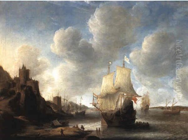 An Amsterdam Man-o'-war And Other Shipping On A River By A Castle Oil Painting by Jan Abrahamsz. Beerstraten