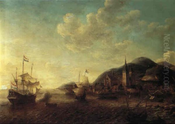 Coastal Landscape With A Port And Dutch Shipping Oil Painting by Jan Abrahamsz. Beerstraten