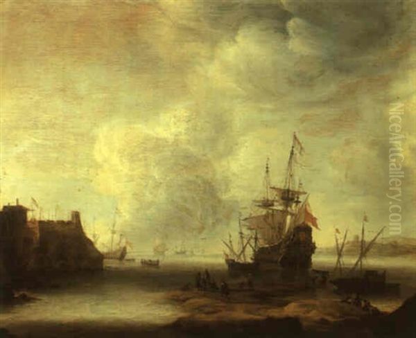 Harbor With A Dutch Man-of-war At Anchor And Small Boats Around Oil Painting by Jan Abrahamsz. Beerstraten