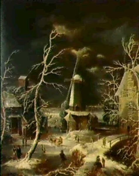 Windmuhle In Einer Winterlandschaft Oil Painting by Jan Abrahamsz. Beerstraten