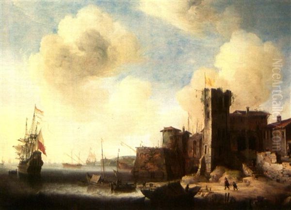 An Imaginary Mediterranean Harbour Scene Oil Painting by Jan Abrahamsz. Beerstraten