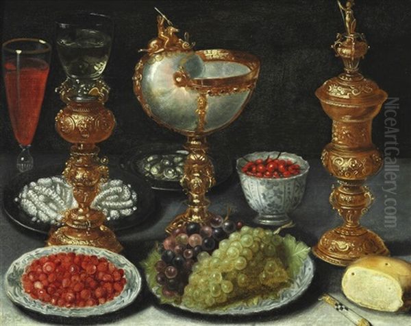 A Lavish Still Life With Fruits On Plates, Gilt Goblet, Nautilus Cup And A Glass Of Wine Oil Painting by Osias Beert the Elder