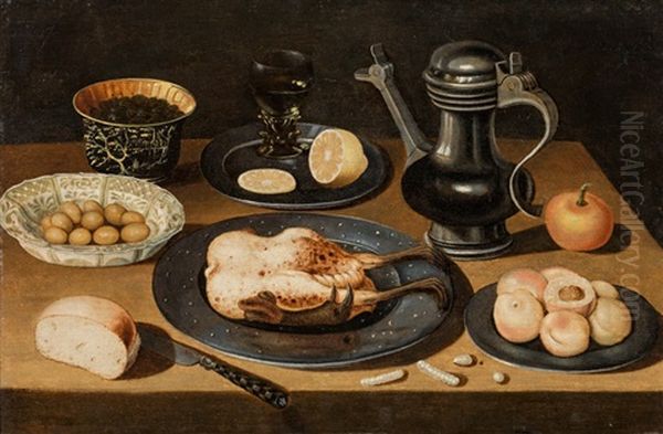 Still Life With Roasted Chicken, Olives, Fruit And Bread Oil Painting by Osias Beert the Elder