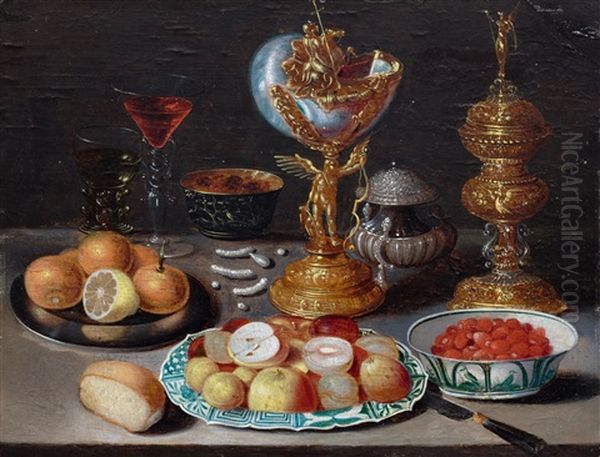 Lavish Still Life With Fruits On A Porcelain And Pewter Plate, With Sweetmeats, Bread, Nautilus Cup, Rummer And A Facon-de-venise Glass With Wine On A Table Top Oil Painting by Osias Beert the Elder