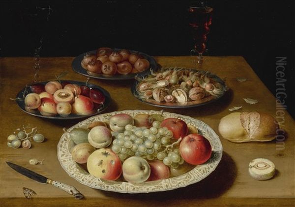 Still Life On A Plain Wooden Table: A Large Wan-li Porcelain Dish Of Fruit, A Pewter Dish Of Fruit, Medlars And Nuts, A Moth, Two Venetian-style Glasses Of Wine, One White And The Other Red, A Knife With An Ornamental Handle, White Grapes, A Roll Of Bread Oil Painting by Osias Beert the Elder