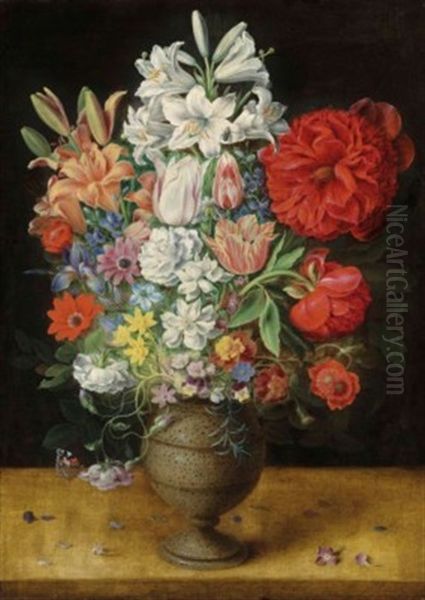 Flowers In A German Tigerware Vase, With A Bluebottle Fly And A Red Admiral Butterfly, On A Ledge Oil Painting by Osias Beert the Elder