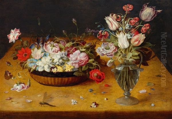 Flowers In A Basket And In A Glass Vase Oil Painting by Osias Beert the Elder