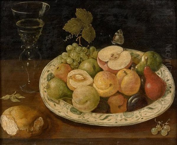 Nature Morte A La Coupe De Fruits, Au Papillon, Au Verre Et A La Miche De Pain Oil Painting by Osias Beert the Elder