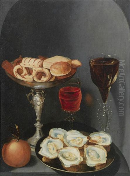 Oysters On A Pewter Dish With Two Glasses Of Wine, An Orange And A Silver Tazza Of Sweetmeats In A Stone Niche Oil Painting by Osias Beert the Elder