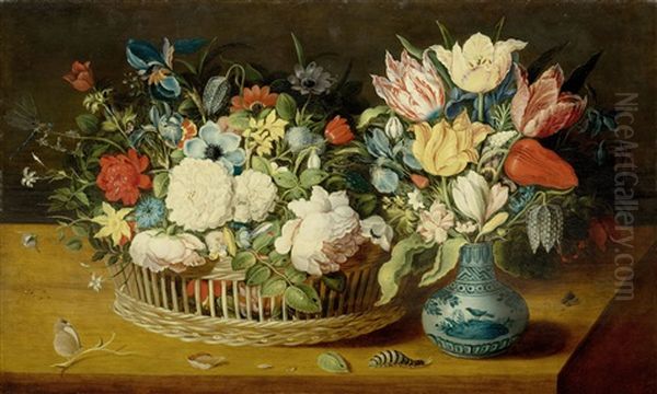 Still Life With Flowers In A Woven Basket And A Floral Bouquet In A Porcelain Vase On A Table Top With Insects Oil Painting by Osias Beert the Elder