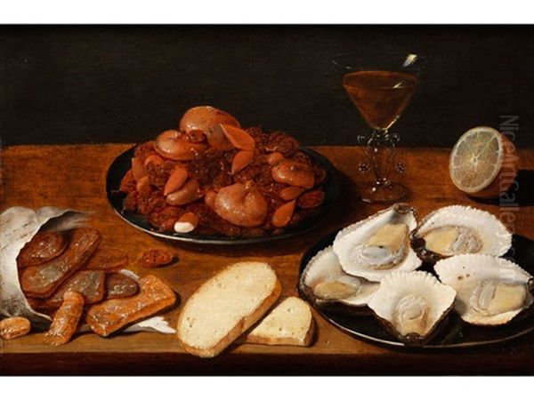 Stillleben Mit Austern, Weinkelch, Brot, Gedorrtem Obst Und Mandeln Oil Painting by Osias Beert the Elder