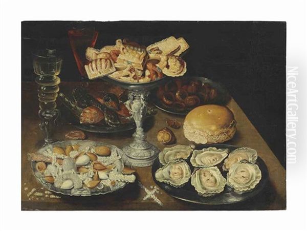 Oysters On A Pewter Plate With Sweetmeats And Biscuits In A Silver Tazza, Chestnuts, Nuts, And Two Facon-de-venise Wine Glasses On A Wooden Table Oil Painting by Osias Beert the Elder